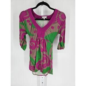 Sweet Vibes Women's Multicolor V-neck 1/2 Sleeve Casual Top Size S Retro